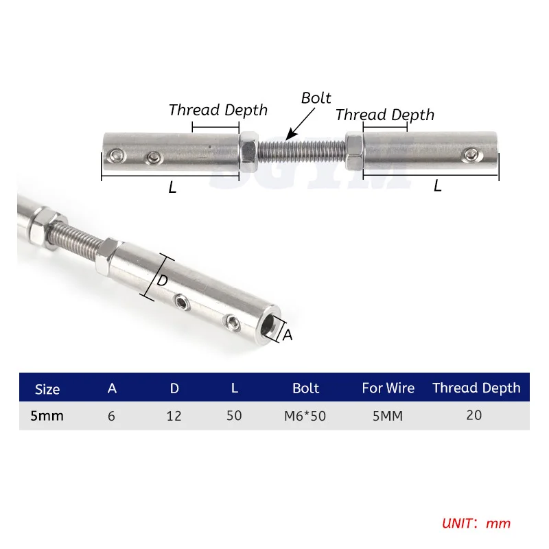 SGYM 10PCS Wire Rope Thread Stud Tensioner 5mm 3/16'' Both End Fitting Handscrew Clamp with Screw Bolts For Cable Railing