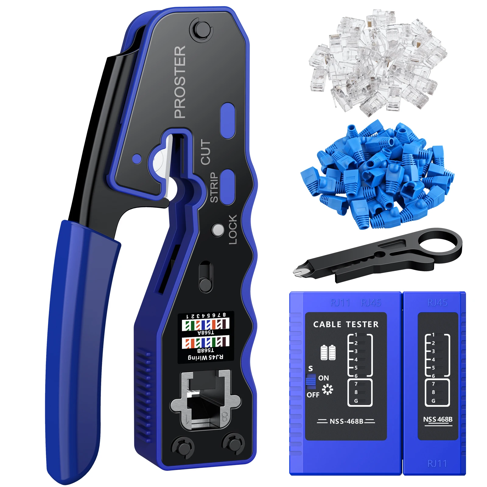 

RJ45 Crimper Tool Kit with 50 PCS Cat6 Pass Through Connectors All-in-one Stripper Cutter Crimper Tool for RJ45 Cat6/5/5e