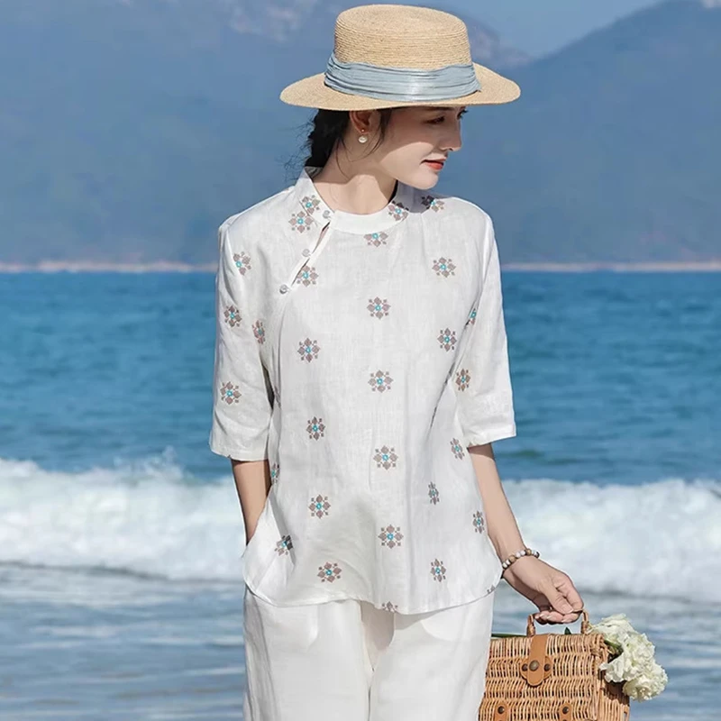 

Новая женская повседневная блузка из 100% рами, летняя, в китайском стиле, с винтажной вышивкой, с рукавом до локтя, M2549