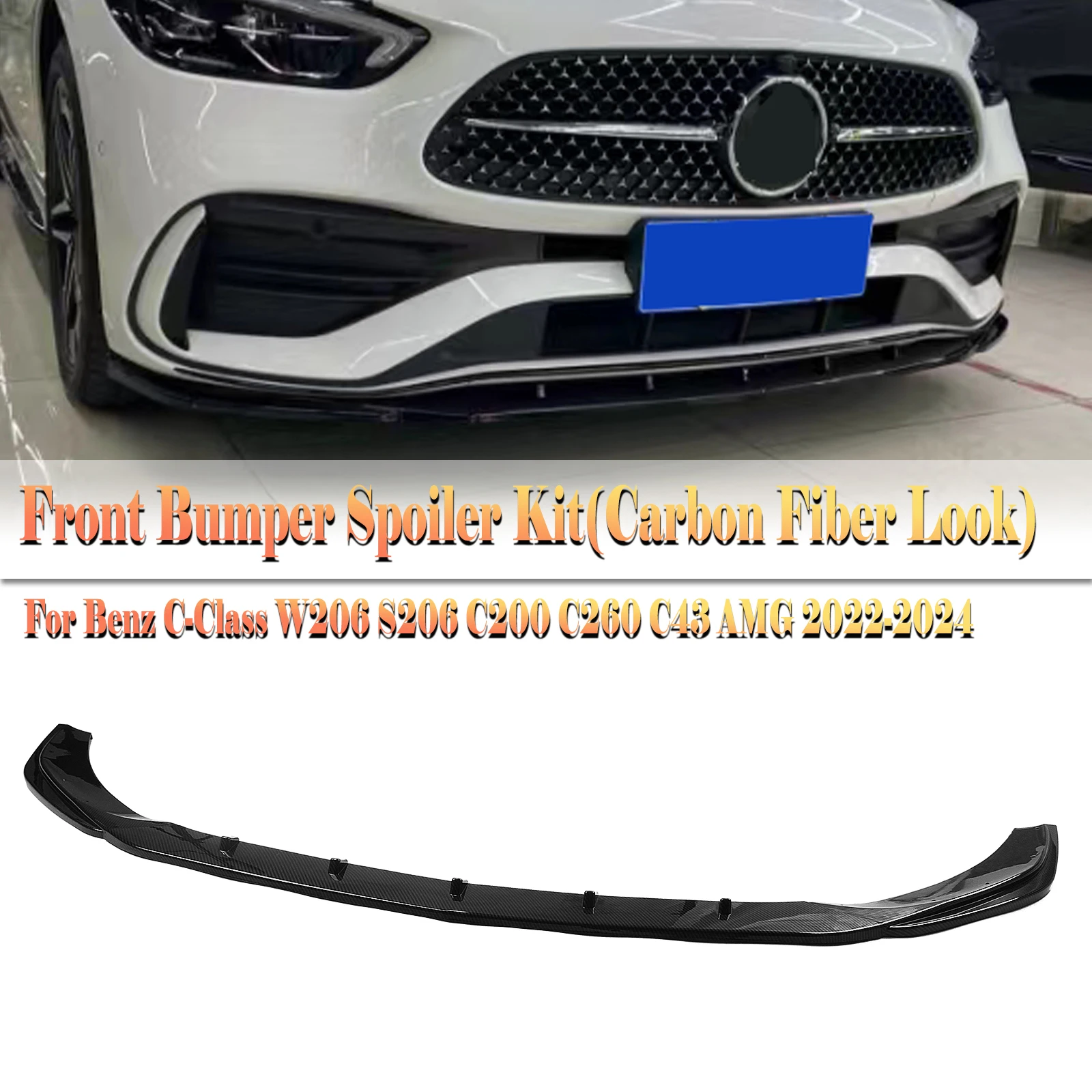 

Front Bumper Spoiler Lip For Mercedes Benz C Class W206 S206 C200 C260 C43 AMG 2022-2024 Carbon Fiber Look/Gloss Black Splitter