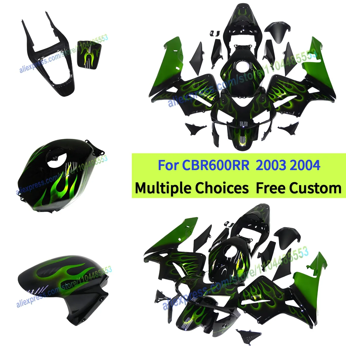 

CBR 600RR 03-04 Black Bodywork, Motorcycle Fairings Injection Molded ABS Body Kit | Gloss Green Flame