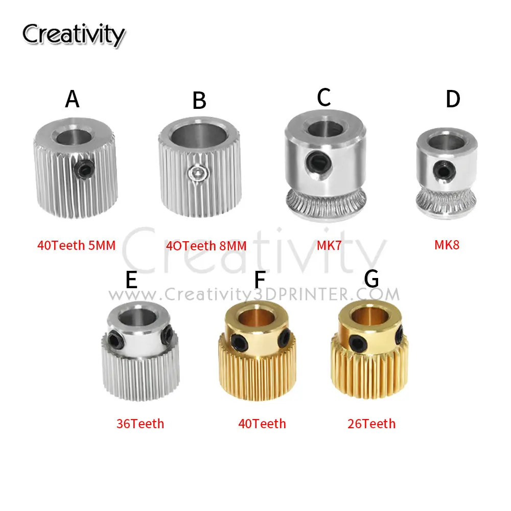 2PCS MK7 MK8 Extruder Gear 26/36/40 teeth Gear For 1.75mm/3.0mm Teeth Brass Stainless Steel Drive Feeding 3D Printer Extruder