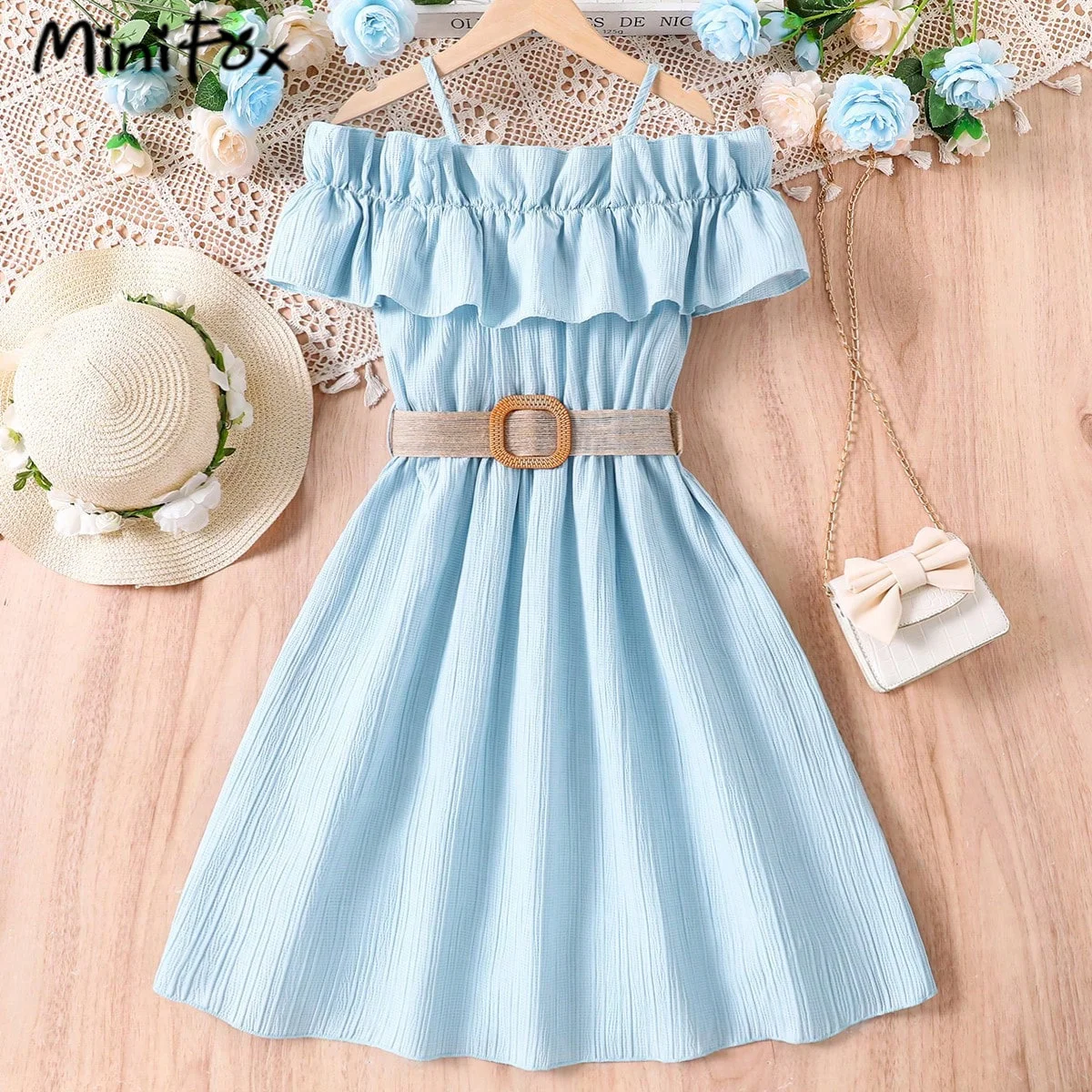 MiniFox Teenager Dresses For Girls Off Shoulder Dress Belted Blue Green Summer Party Dress Children Kids Clothes Girls