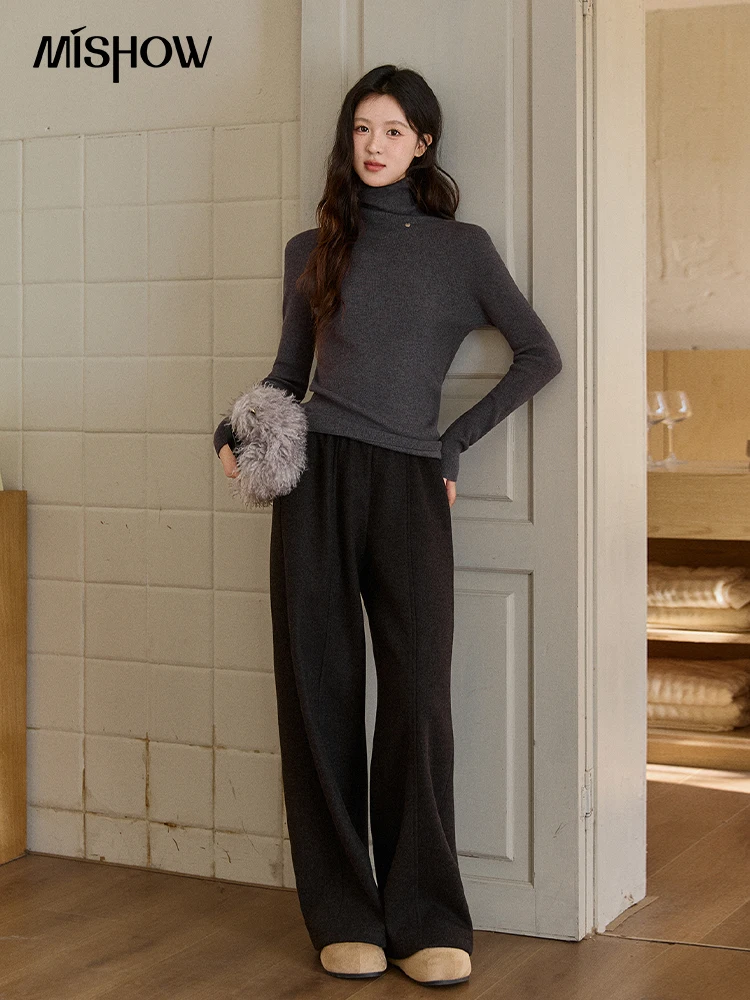 MISHOW ارتفاع الخصر بنطال ذو قصة أرجل واسعة للنساء 2025 الشتاء عادية فضفاض سميكة الصوف الدافئة متماسكة السراويل مستقيم بنطلون MXE92K1127