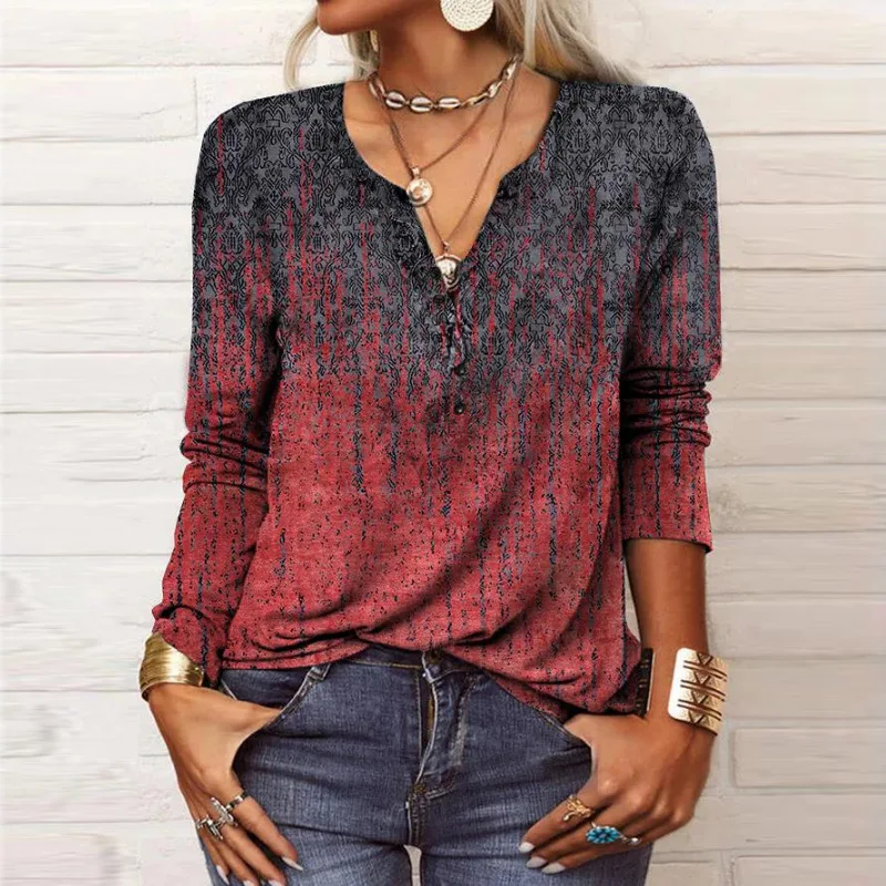 2023 New Autumn Winter Women Blouse Vintage Ethnic Style Floral Print Shirts Long Sleeve V-Neck Button Loose Casual Boho Tops