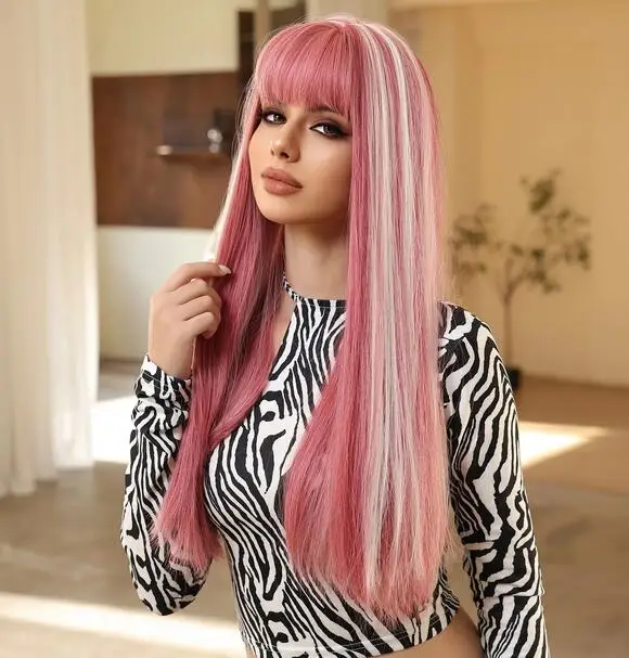 Wig sintetis dengan Highlight Platinum wanita, Wig rambut lurus panjang poni serat tahan panas merah muda untuk wanita