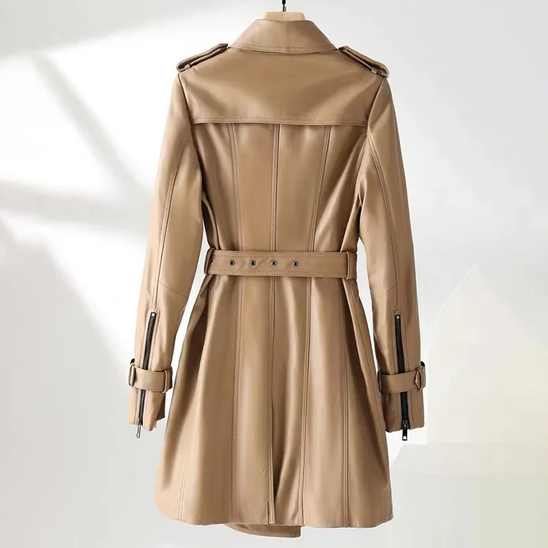 Giacca da donna in pelle naturale Autunno Inverno Trench lungo in pelle di pecora sottile stile classico britannico doppio petto kaki/nero