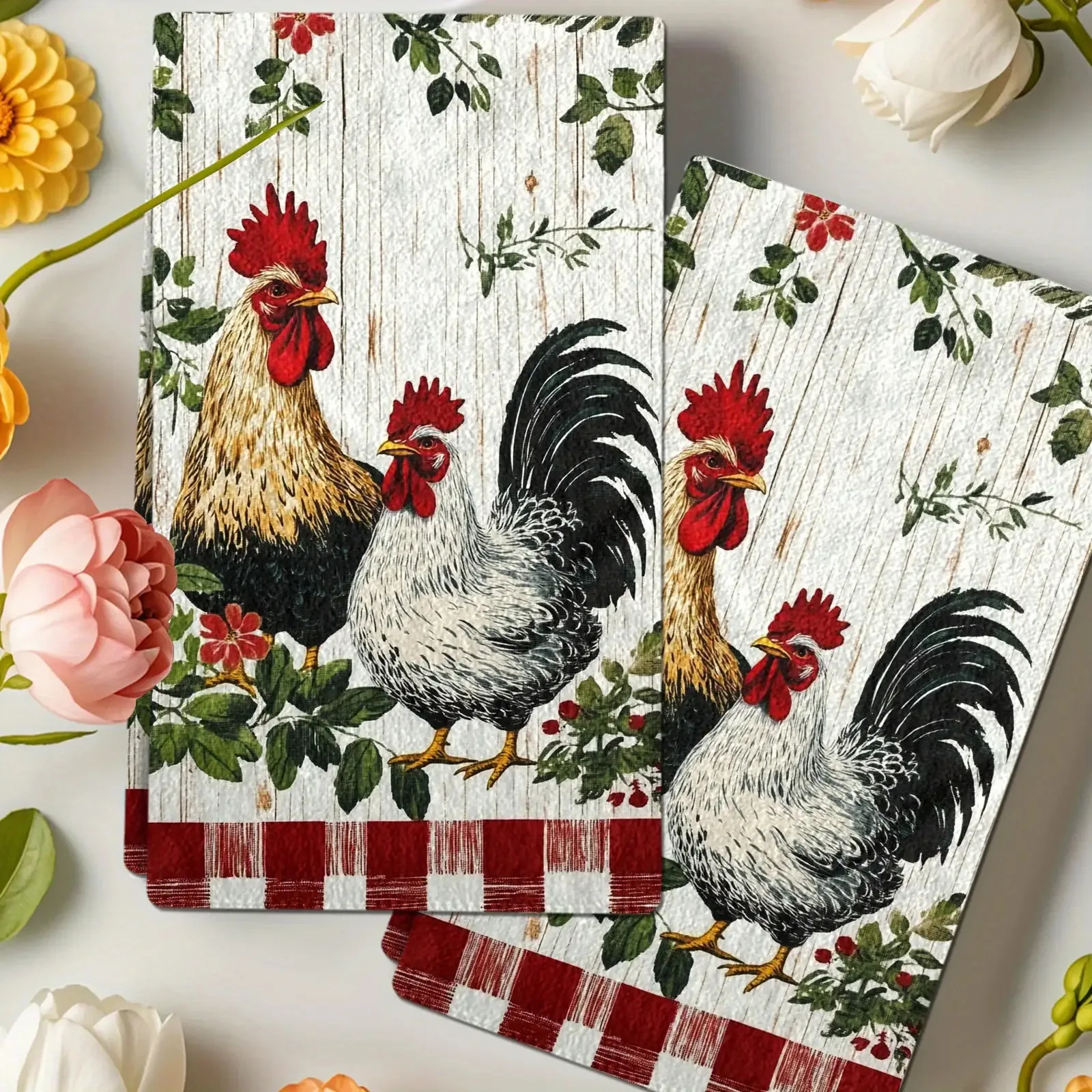 2Pcs Chicken and Hen Kitchen Towels - Green Leaf Red and White Checked Design, Perfect for Cooking, Baking and Cleaning