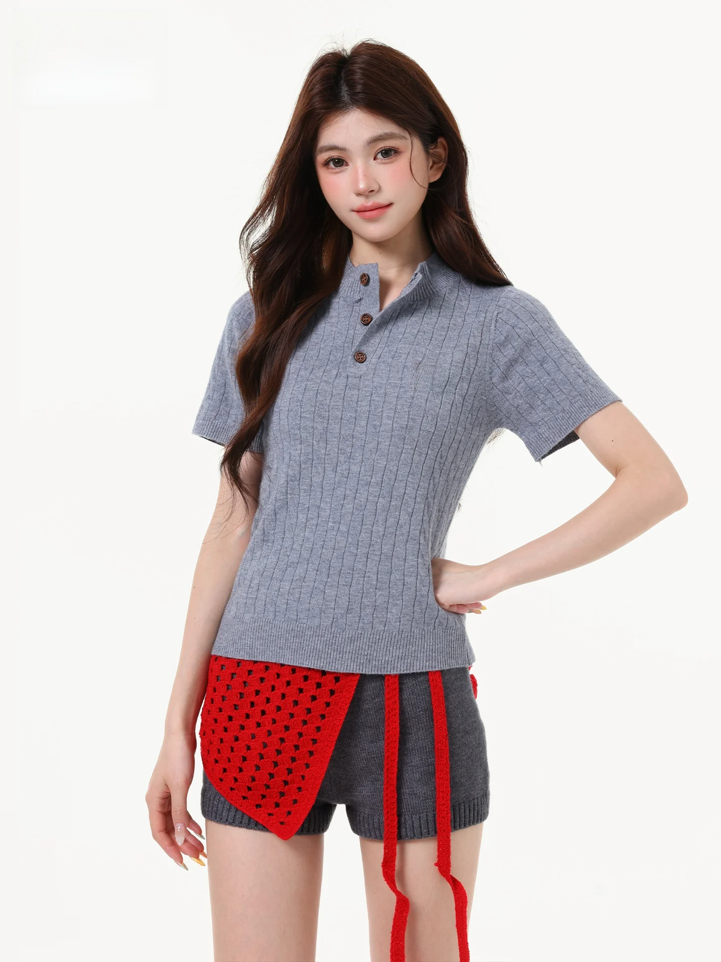 

Korean College Style Embroidered Knitwear Women's Slim Fit Short Sleeve Button up Top Trendy Summer Fashion Slimming Effect