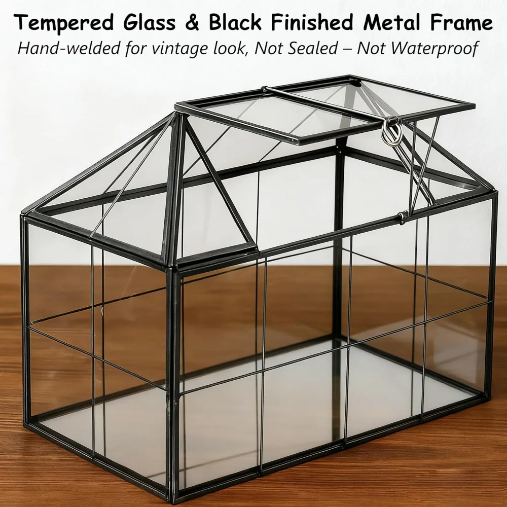 تررم زجاجي هندسي مع غطاء متأرجح - زارع على شكل منزل للعصارة والصبار والنباتات الهوائية