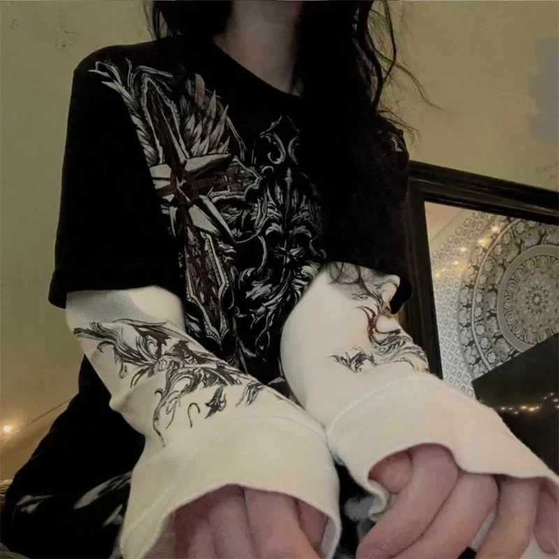 Y2k Fairy Grunge Graphic Long Sleeve Tees Tops Women E-Girls Aesthetic Gothic Skull Print Retro T Shirts E girl Emo Clothes