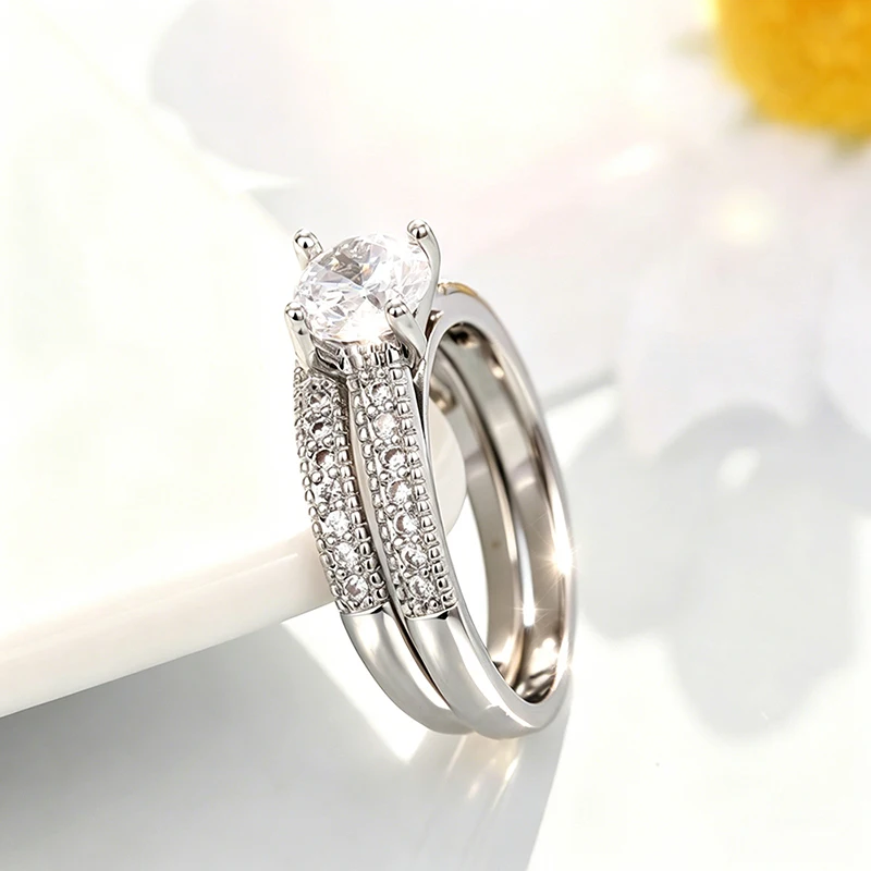 Women's Classic 2Pcs CZ Wedding Engagement Ring Set, Statement Gift