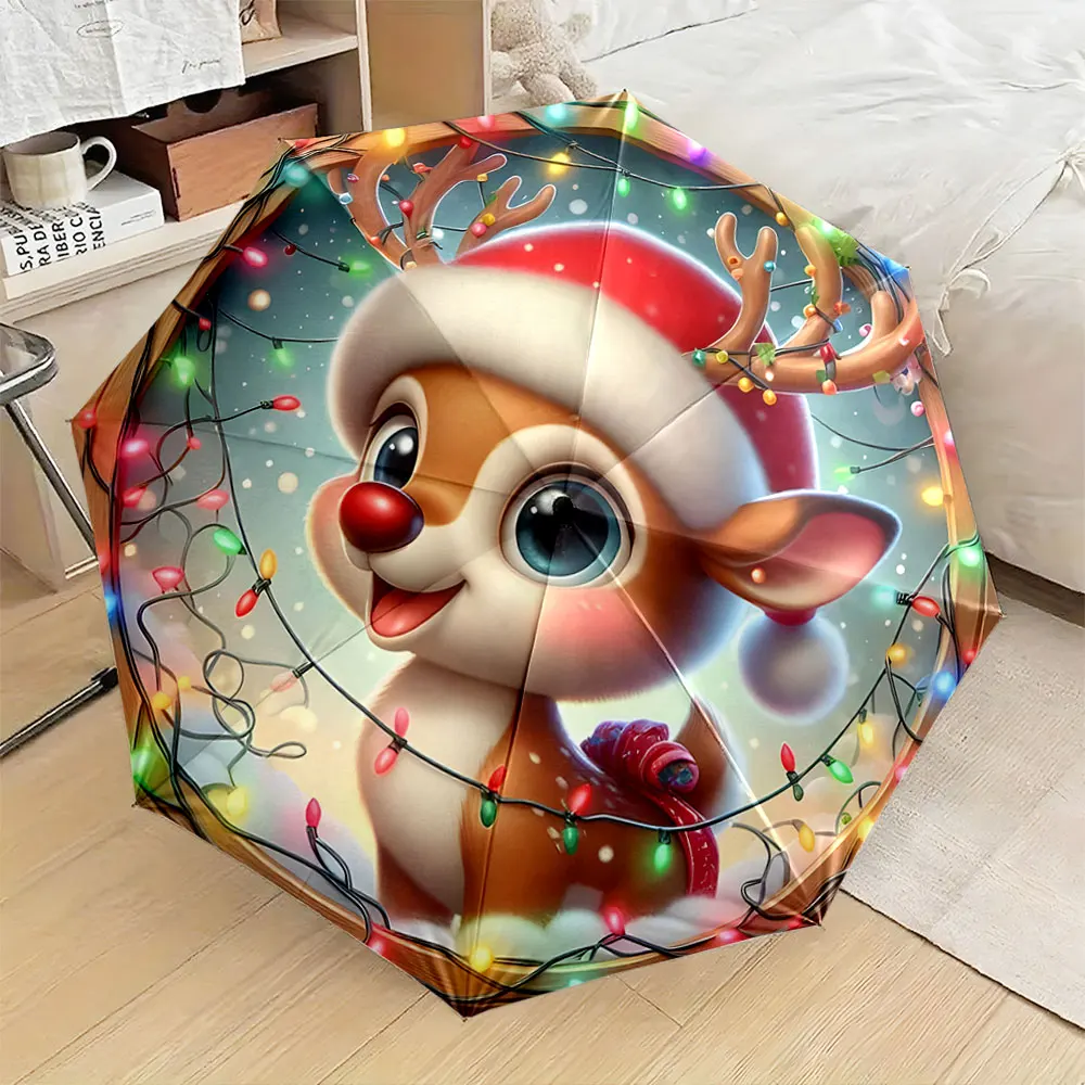 1PC Christmas-Themed Umbrella with Adorable Reindeer Design Print 8 Iron Ribs Folding Umbrella Auto-Open Fashion Sunshade
