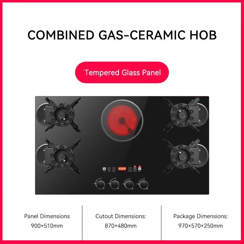 5 Burner High Power Flip Magic Disc Gas Hob with Ceramic Cooker, LPG Liquefied Gas Stove