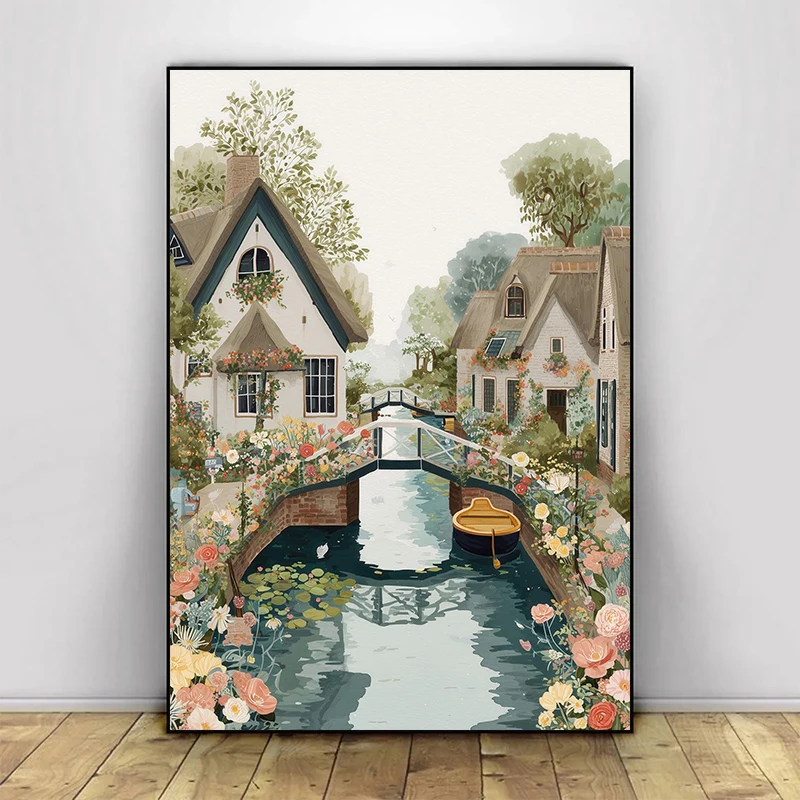 1pc frameless Canvas Painting Watercolor Romantic Beach Scene Seaside Luxury Town Bridge Scenery City Poster Canvas Painting Wal
