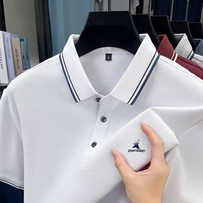 100% pure cotton men's short sleeved summer new item solid color striped collar polo shirt fashionable casual high-quality top