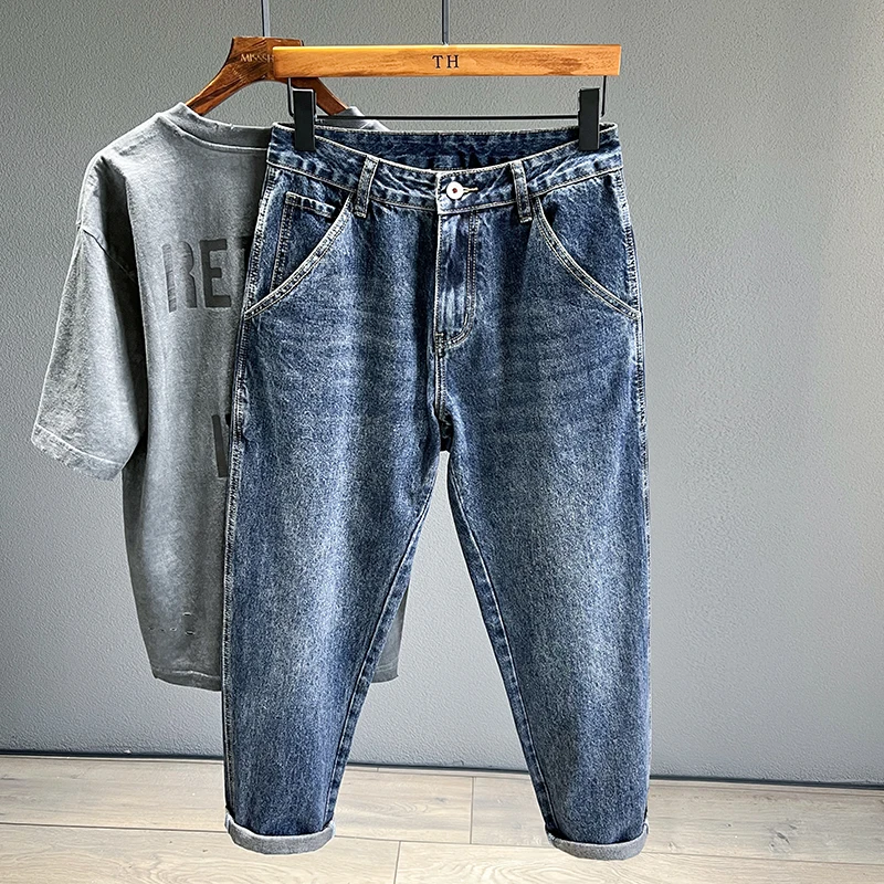 

Men's Jeans Streetwear Fashion Tapered Pants Blue Casual Personality Vintage Male Clothing Slim Denim Trousers Brands