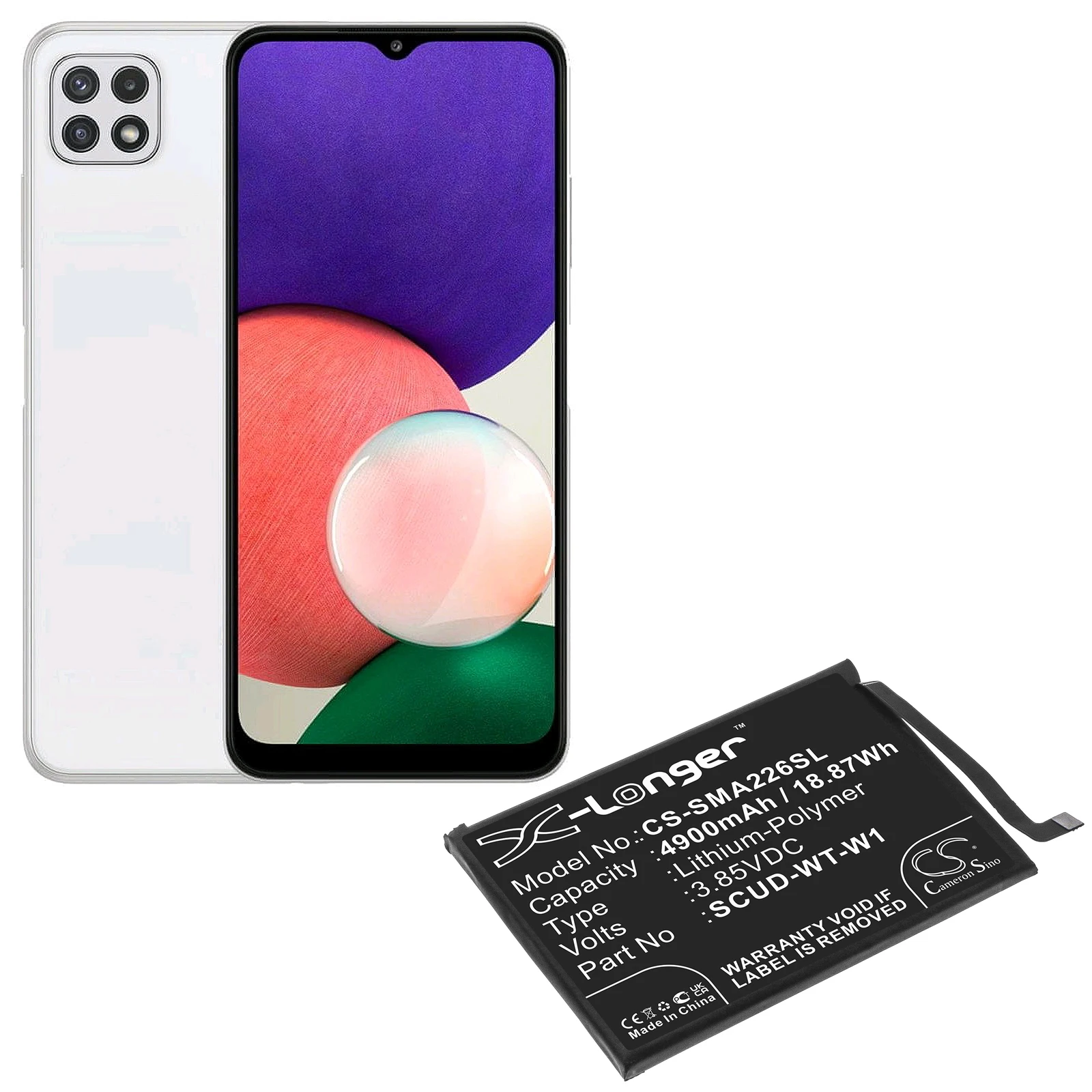 

CS Replacement Battery for Samsung Galaxy A22 5G,SM-A226B,SM-A226B/DS,SM-A226B/DSN,SM-A226L,G PN:SCUD-WT-W1 4900mAh / 18.87Wh