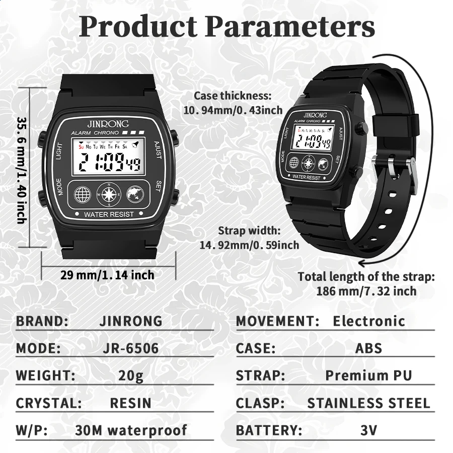 ไดรฟ์อิเล็กทรอนิกส์ Retro Classic Multifunciontal นาฬิกาสปอร์ตผู้ชายกลางแจ้ง, กันน้ํา 30M, ไฟท้าย LED, การแสดงวันที่, นาฬิกาปลุก