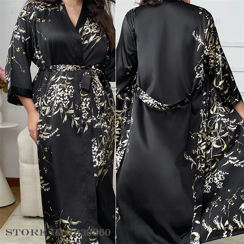 

Plus Size 3XL 4XL 5XL Women's Sleepwear Twinset Robe Set Nightgown Print Flower Long Kimono Bathrobe Gown Loose Casual Homewear