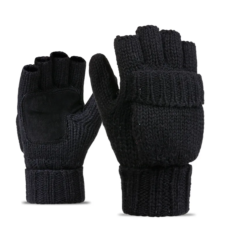 Winter Wool Warm Half Finger Flip Gloves Mittens Unisex Double Layer Outdoor Cold and Windproof Knitted Warm Gloves