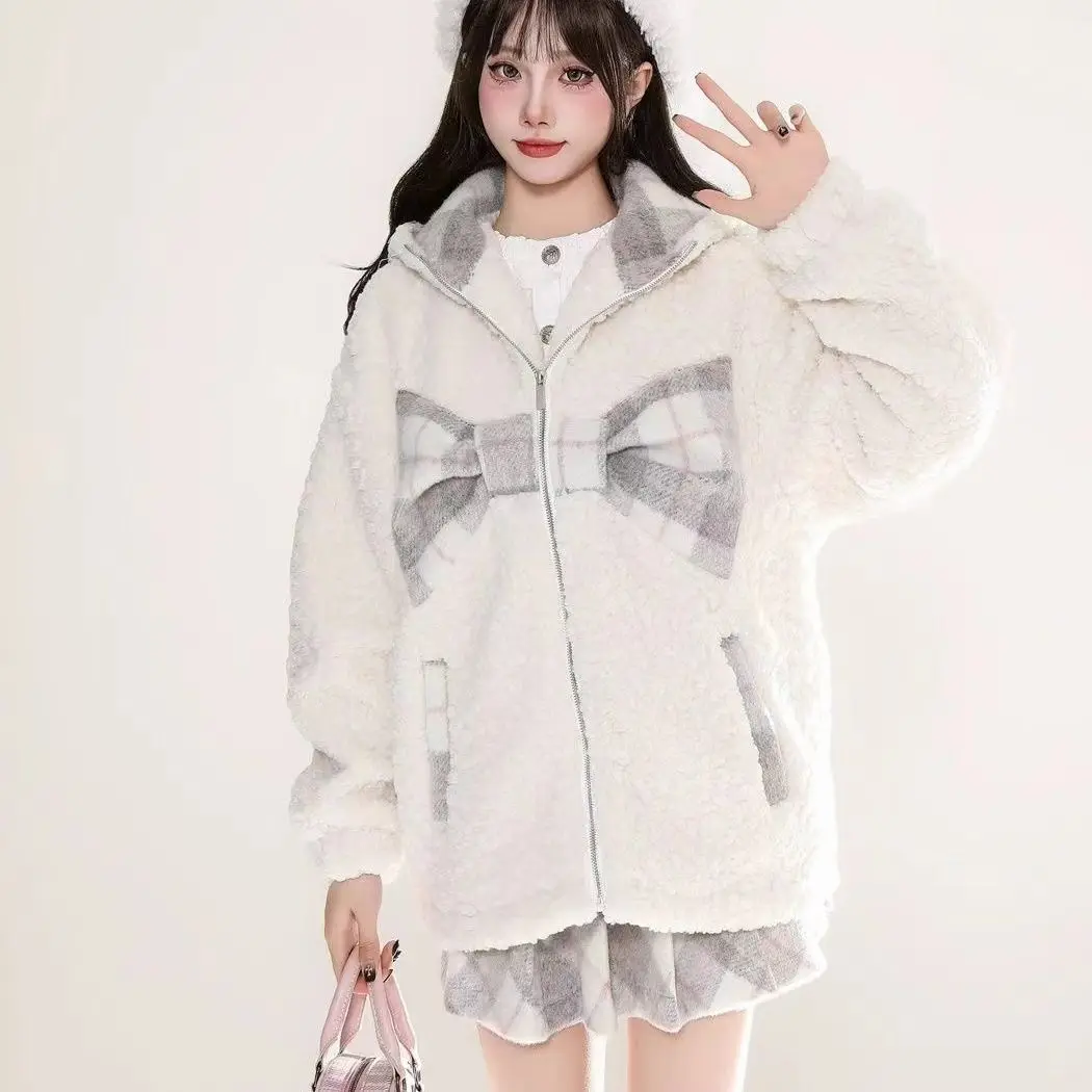 

Japan Cotton-Padded Jacket Lambswool Hooded Cotton-Padded Jacket Women'S Winter New Style Bow Kawaii