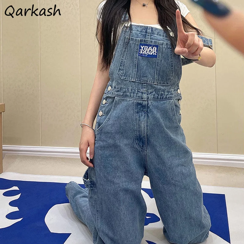 

Jumpsuits Women Vintage Streetwear High Waist Jump Suit Teen Design Letter Embroidery Wide Leg Denim Suspenders Trouser Hot Sale