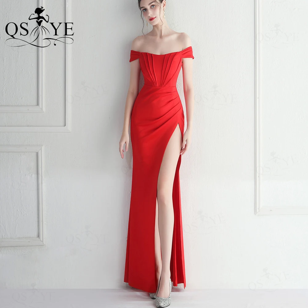 Off Shoulder Red Long Prom Dresses Ruched Bodice Sexy Split Party Gown Stretch Satin Sheath Girl Evening Dress Bridesmaid Chic