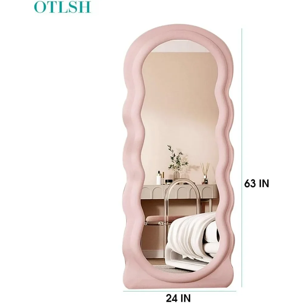 Miroir de sol ondulé pleine longueur avec support, miroir à motif de vagues, glouton, miroirs ondulés irréguliers, 63 po x 24 po