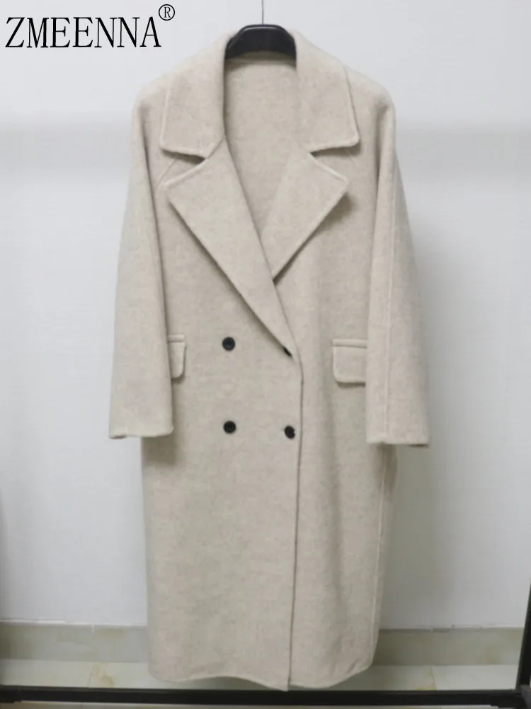 

ZMEENNA Women's Beige Wool Blend Long Coat Stylish Double-Breasted Outerwear Jacket With Classic Lapel Collar ZM3866