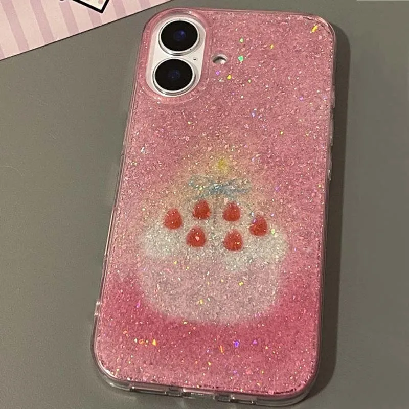 Glitzer-Handyhülle mit rosa Erdbeer-Torten-Motiv für iPhone 11 12 13 14 15 16 17 18 Pro Max – Detail 3