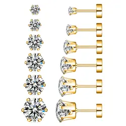 1 Pair Hypoallergenic Stainless Steel 6 Prong Round Cubic Zirconia Flat Back Screw Stud Earrings for Women Men 3/4/5/6/7/8mm