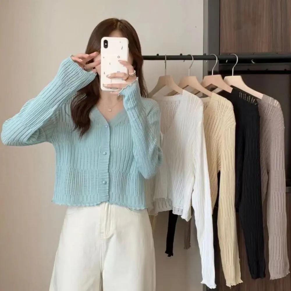 

Simple Solid Color V-neck Knitted Cardigan Polyester Vintage Casual Knit Cardigan Sweater Sunscreen Long Sleeve Smock Top Women