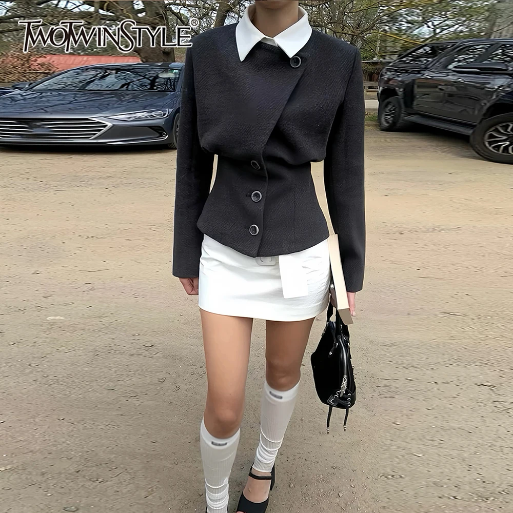 

TWOTWINSTYLE Gray Spliced Single Breasted Chic Jacket Female Lapel Long Sleeve Slimming Korean Women's Jackets Autumn Fashion