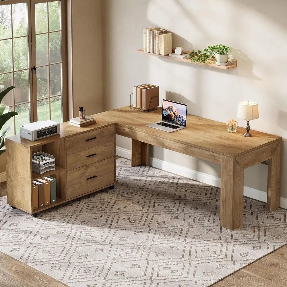 مكتب تنفيذي كبير على شكل حرف L مع مساحة تخزين، وخزانة ملفات متنقلة، وأرفف، مثالي للمنزل أو المكتب، بني