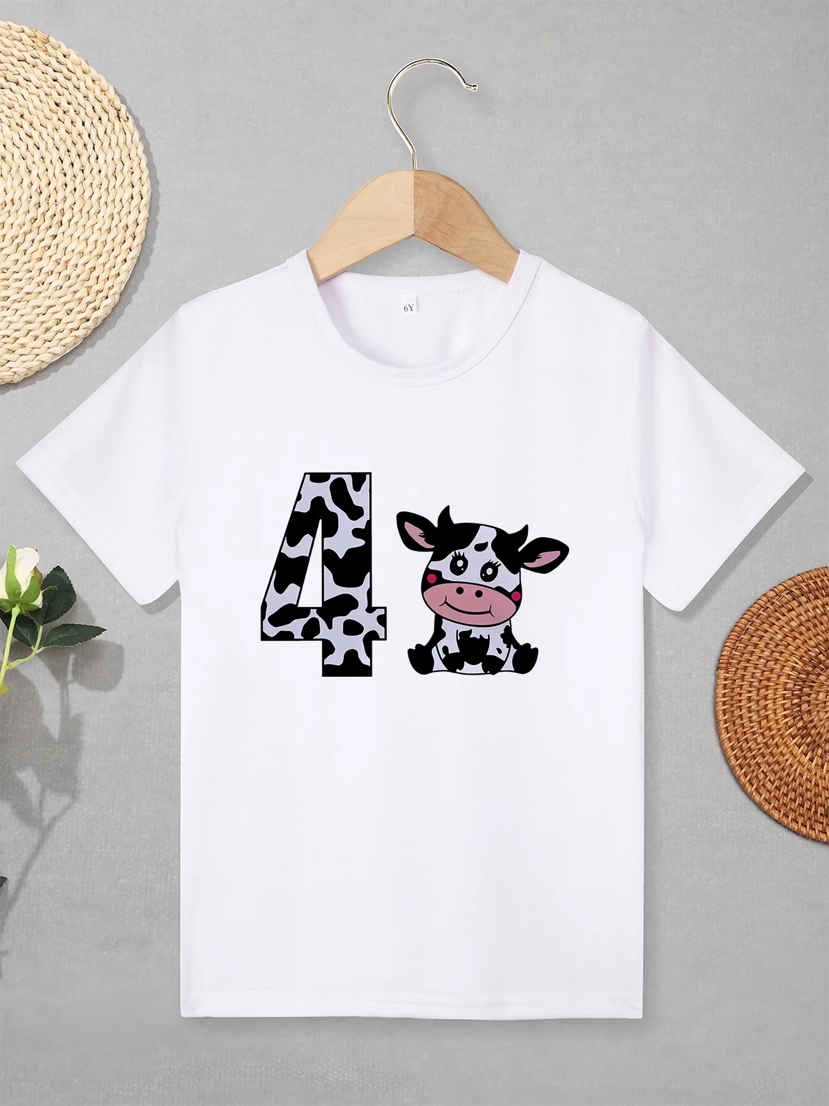 4 Years Birthday Children's Clothing for Boy Girl Cute Cow Cartoon Pattern Stylish Kids T Shirt Home Casual Versatile Tops