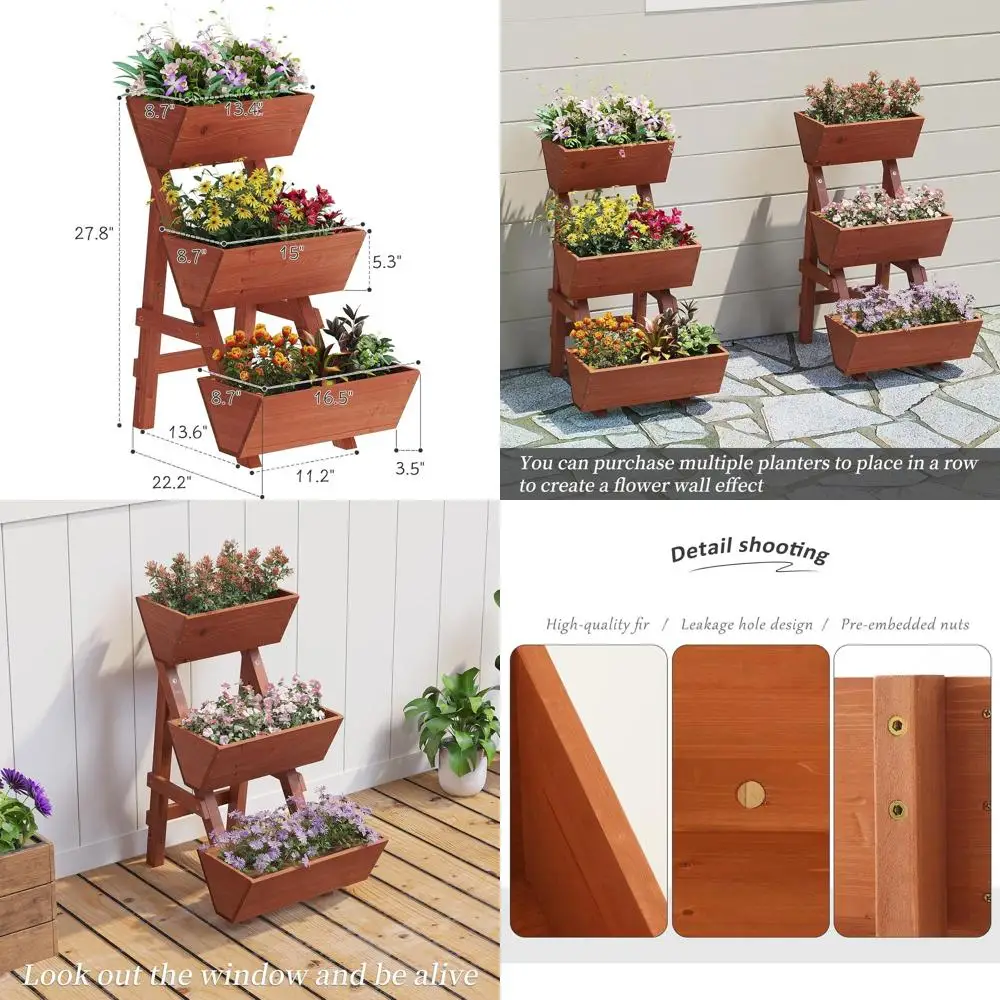 

Small 3-Tier Wooden Garden Bed for Vegetables and Flowers, Indoor/Outdoor Planting Box in Brick Red