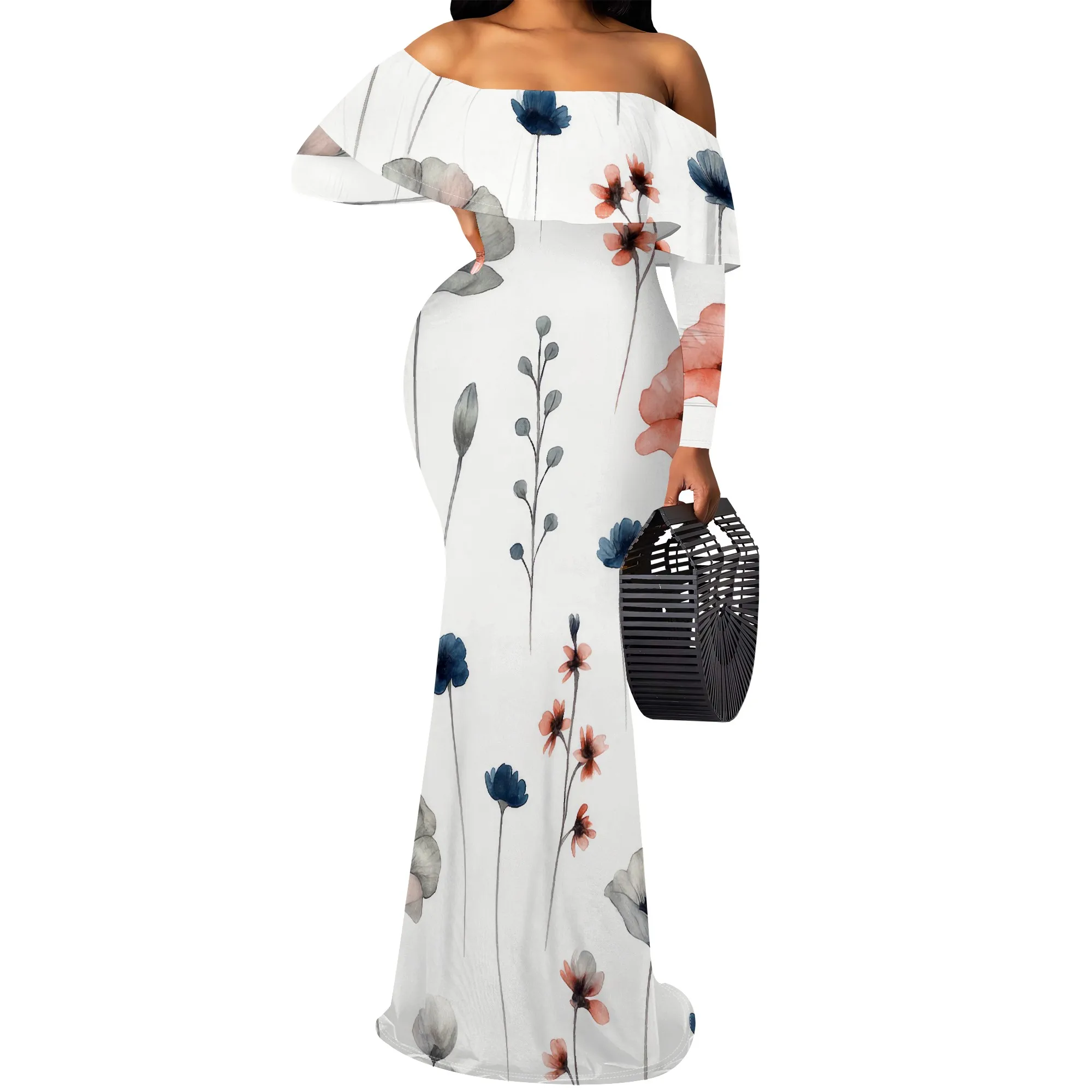 

Women Sexy Maxi Dress Long Sleeve Floral Print Off Shoulder Mermaid Dress Elegant Formal Cocktail Party Evening Gown