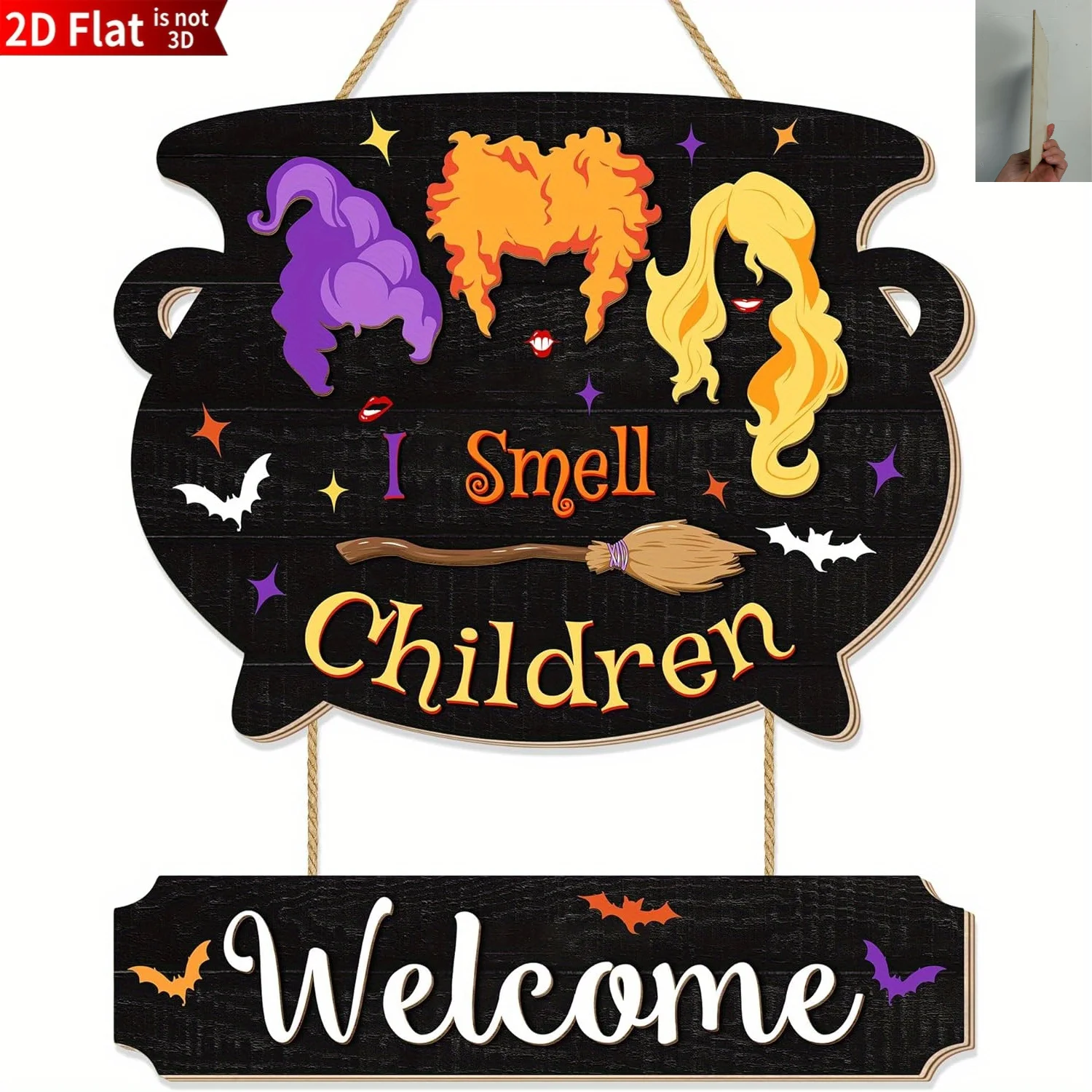 1-Piece 2D Flat Wooden Halloween Witch Cauldron Welcome Sign, Hanging Porch Decor for Farmhouse Door, Holiday Party Plaque