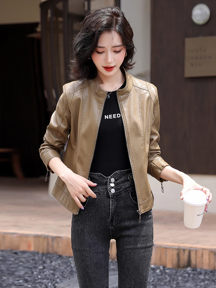   Chaqueta de Cuero Genuino Ning para Mujer, Diseño de Motocicleta, Corte Ajustado, Talla Pequeña, Primavera-Otoño 2025