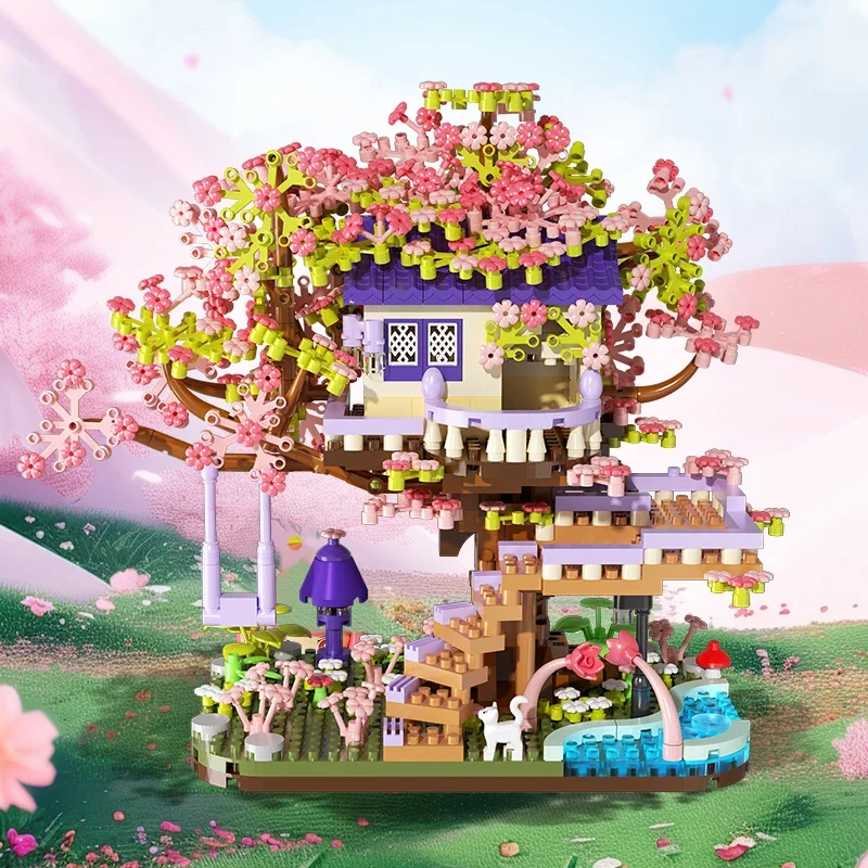 MINI SAKURA Tree House Building Blocks Cherry Blossom ดอกไม้บ้านไม้ DIY ASSEMBLY อิฐของขวัญโรแมนติกสําหรับตกแต่งบ้านหญิง