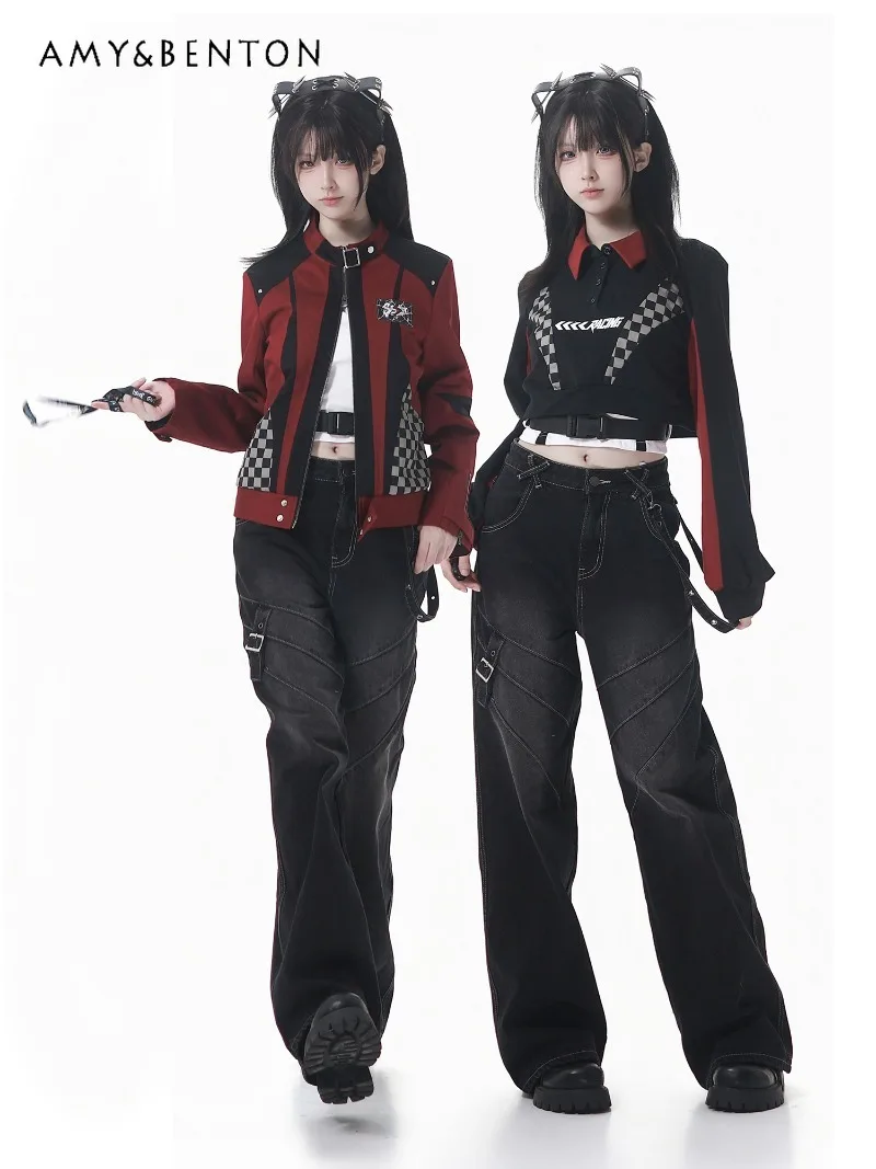 Sweet Cool Motorcycle Style Hot Girl Red and Black Patchwork Top Jeans Sets Gothic Y2K High Waist Straight Pants Short Jackets