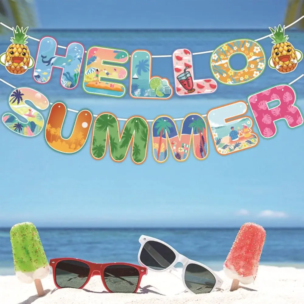 

Paper Hello Summer Themed Banner Festival Handmade Hawaiian Beach Party Banner Celebrate Summer Spiral Hanging Flag Party Favors