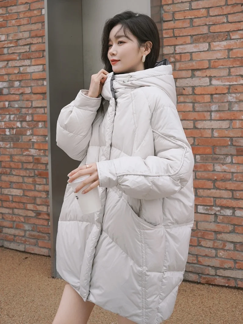 Winter Korean Version Lightweight Loose Large Size Off White Hooded White Duck Down Coat Women's Trend