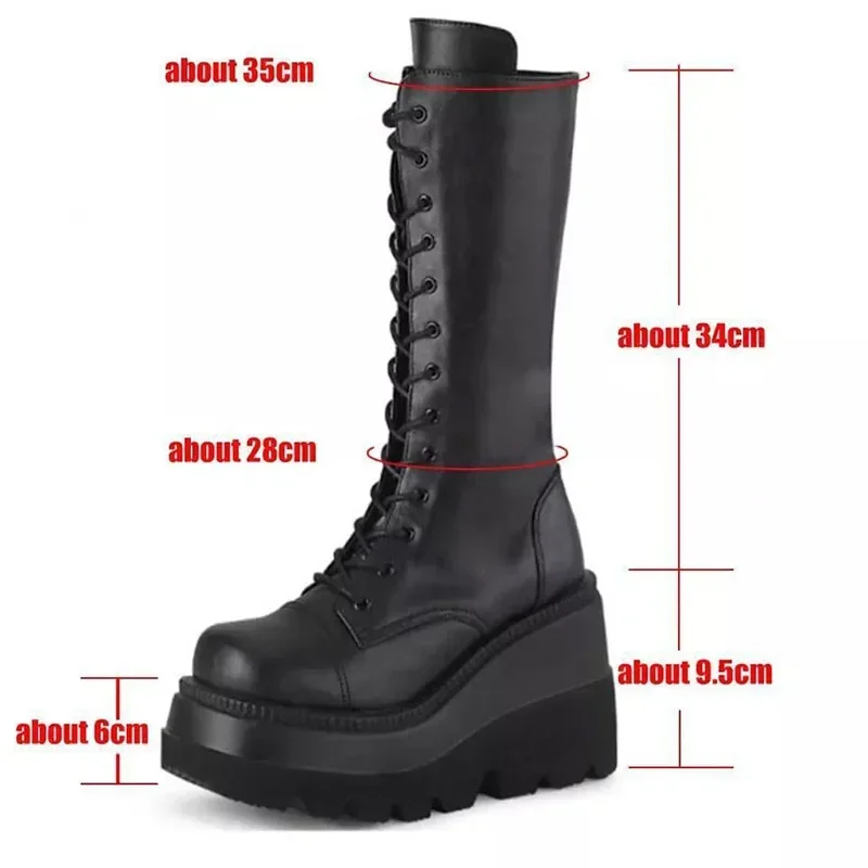 Winter Women Boots Mid-calf Wedge High Heel Platform Lace Up Zip Ladies Pumps Female Punk Gothic Motorcycle Black Round Toe Shoe
