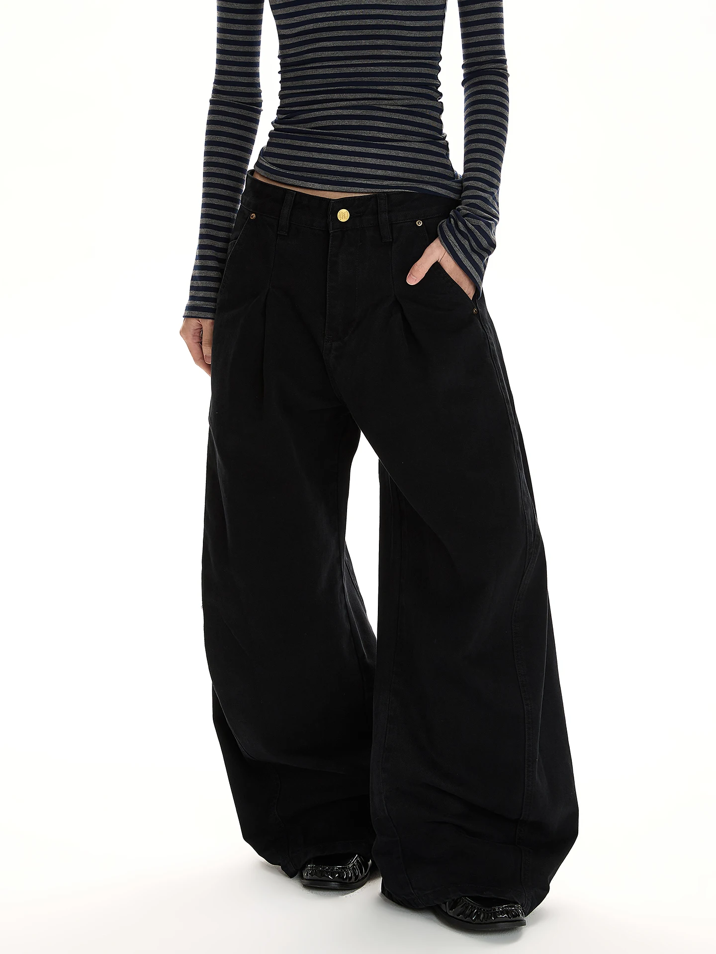 

Black a PUEE Denim Jeans Woven Straight Leg Trousers Pleated Slimming Long Pants Unisex Casual Wear for School And Travel