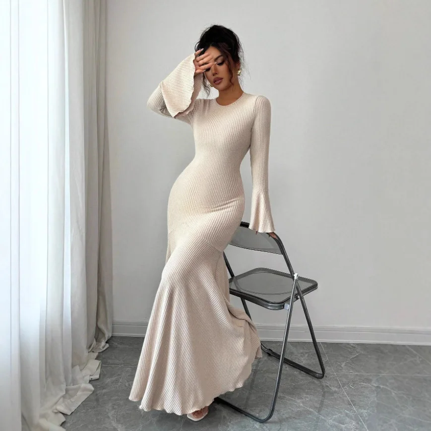 

Autumn/Winter New Dress Women Slim Fit Waist‑Cinching Long Dress Mermaid Skirt Flared Bell Sleeves Elegant Trendy Evening Gown