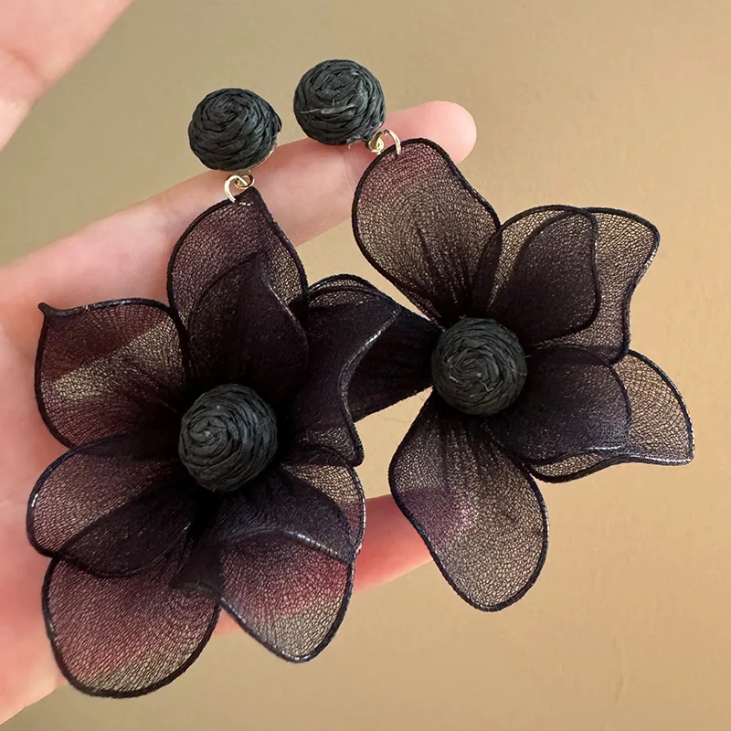 Korea Light Colorful White Pink Color Flower Drop Earrings for Women New Cute Sweet Black Net Big Floral Earring Trendy Jewelry