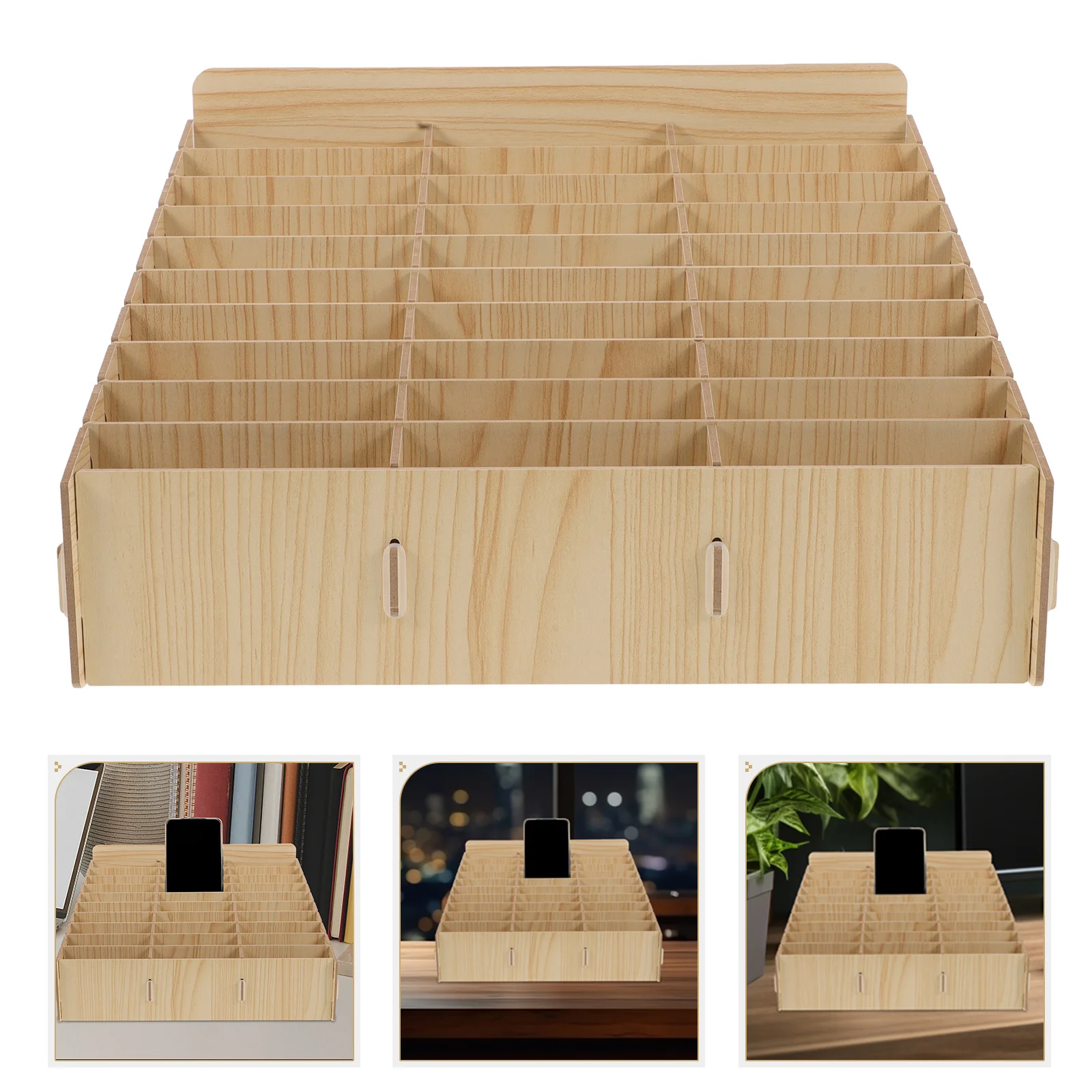 

Wooden Cell Phone Storage Box 30-Grid Multi-Compartment Desktop Organizer Phone Holder Calculator Storage for Classroom Office