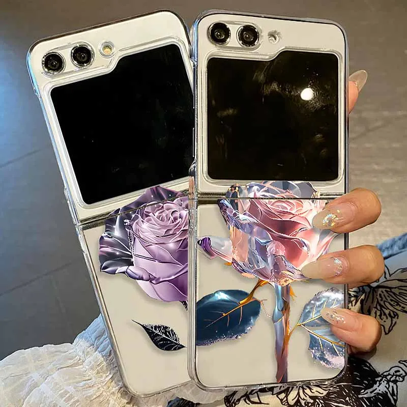 Flower Pattern Clear Phone Case For Samsung Galaxy Z Flip5 Flip4 Flip6 Transparent Hard Folding Cover For Samsung Z Flip 6 5 4 3